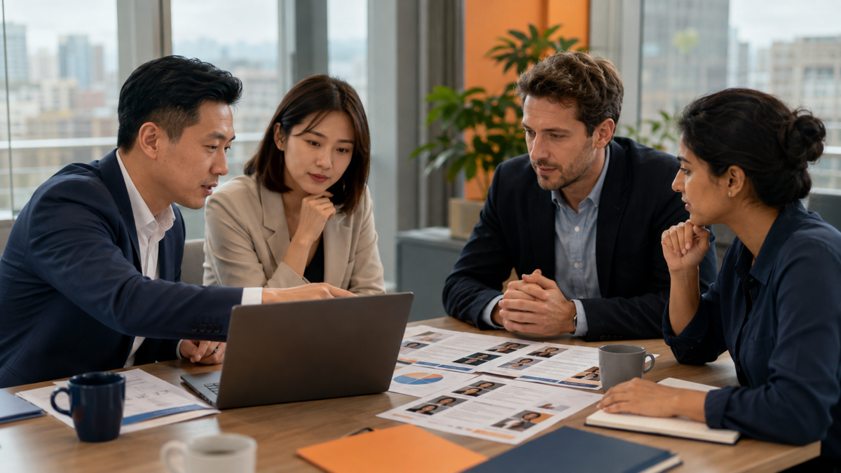 台灣企業人資與外國專業人才討論招募方案的情境示意圖